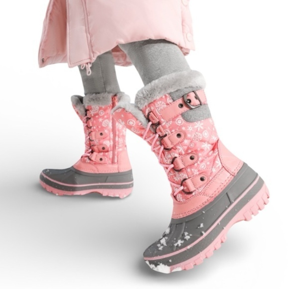 Dream Pairs Kriver-1 Pink and Gray Snow Boots with Fur Trim, US girls size 13
